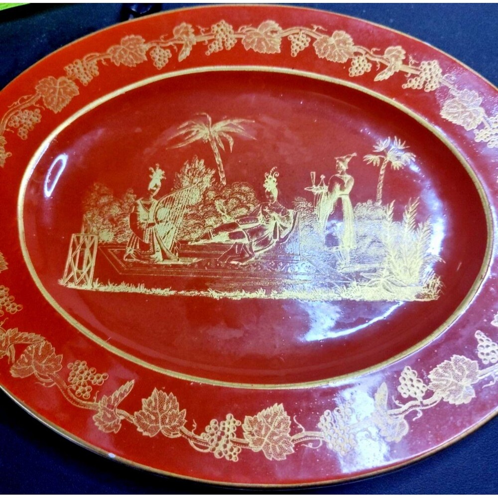 Mottahedeh Oval Porcelain Platter Maroon/Gold Decorative Italy S. 6707